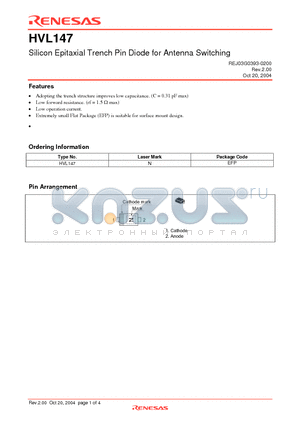 HVL147 datasheet - Silicon Epitaxial Trench Pin Diode for Antenna Switching