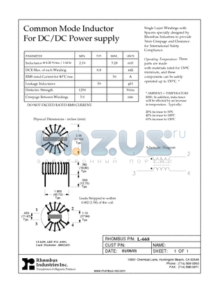 L-668 datasheet - Common Mode Inductor For DC/DC Power supply