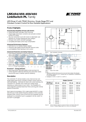 LNK454_1011 datasheet - LED Driver IC with TRIAC Dimming, Single-Stage PFC and Constant Current Control for Non-Isolated Applications