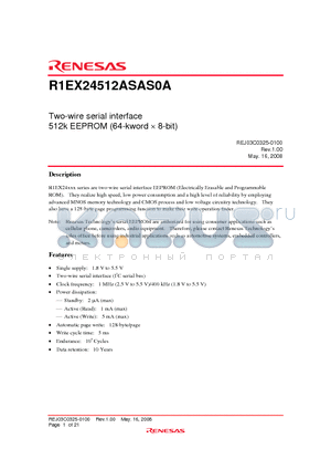 R1EX24512ASAS0A datasheet - Two-wire serial interface 512k EEPROM (64-kword  8-bit)