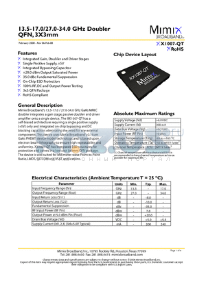 XX1007-QT-0G00 datasheet - 13.5-17.0/27.0-34.0 GHz Doubler QFN, 3X3mm