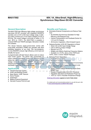 MAX17502HAUD+ datasheet - 60V, 1A, Ultra-Small, High-Efficiency, Synchronous Step-Down DC-DC Converter