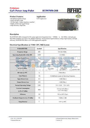 RTP07050-20B datasheet - The RTP07050-20B is designed for RF system application frequencies from 728MHz to 842.5MHz, with high gain.