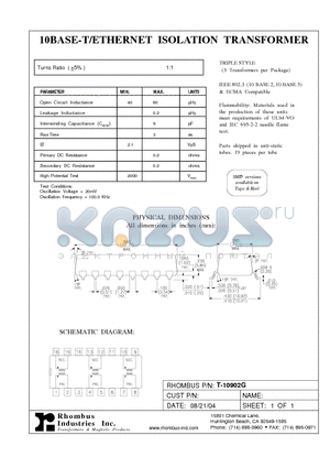 T-10902G datasheet - 10BASE-T/ETHERNET ISOLATION TRANSFORMER