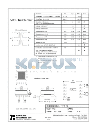 T-1184G datasheet - ADSL Transformer