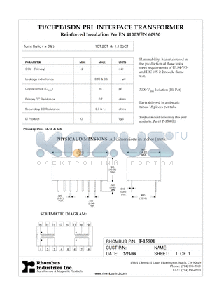 T-15801 datasheet - T1/CEPT/ISDN PRI INTERFACE TRANSFORMER