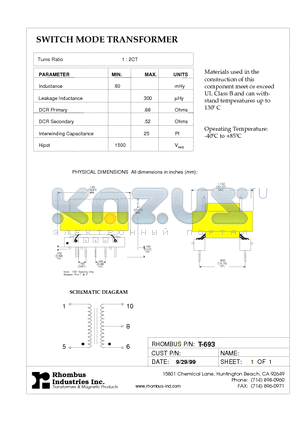 T-693 datasheet - SWITCH MODE TRANSFORMER