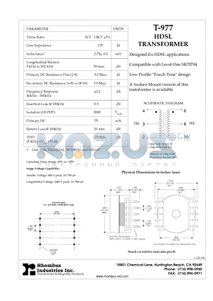 T-977 datasheet - HDSL TRANSFORMER