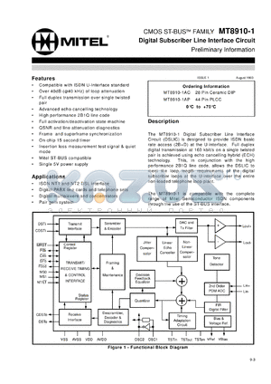 MH8910-1AC datasheet - Digital subscriber line interface circuits for ISDN NT1 and NT2 DSL interface, digital PABX line cards and telephone sets, digital multiplexers and concentrators and for pair gain systems.