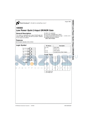 100302MW8 datasheet - Low Power Quint 2-Input OR/NOR Gate