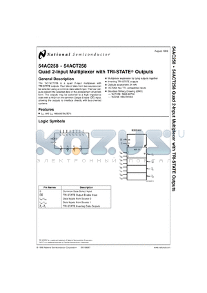 54ACT258MDA datasheet - Quad 2-Input Multiplexer with TRI-STATE Outputs