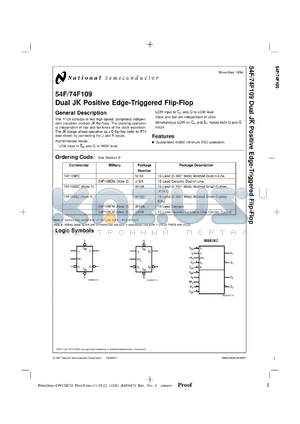 54F109DC datasheet - Dual JK (Note: Overbar Over the K) Positive Edge-Triggered Flip-Flop