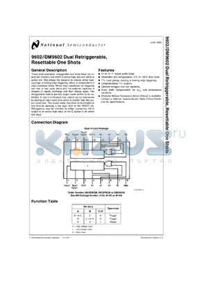 9602DM datasheet - Dual Retriggerable, Resettable Monostable Multivibrator (One Shot) with Complementary Outputs