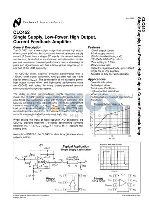 CLC452AJM5X datasheet - Single Supply, Low-Power, High Output, Current Feedback Amplifier