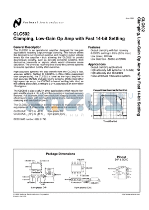 CLC502AJE-TR13 datasheet - Clamping, Low-Gain Op Amp with Fast 14-bit Settling