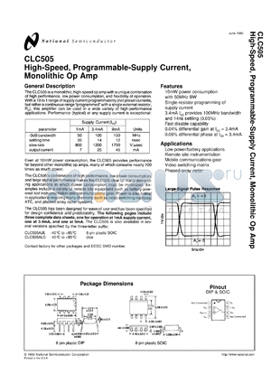 5962-9099301MPA datasheet - CLC505 High-Speed, Programmable-Supply Current, Monolithic Op Amp