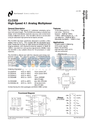 CLC533MDC datasheet - High Speed, 4:1, Analog Multiplexer