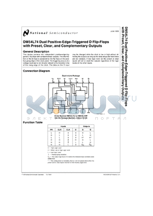 DM54L74J/883 datasheet - Dual Positive-Edge-Triggered D Flip-Flop with Preset, Clear and Complementary Outputs
