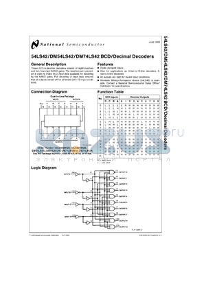 DM54LS42J/883 datasheet - BCD to Decimal Decoder