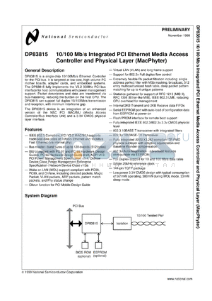 DP83815CVNG datasheet - 10/100 Mb/s Integrated PCI Ethernet Media Access Controller and Physical Layer [Preliminary]