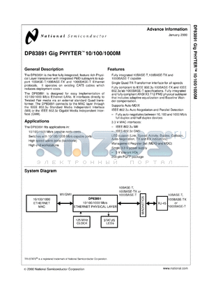 DP83891VQM datasheet - Gig PHYTER 10/100/1000M [Preliminary]