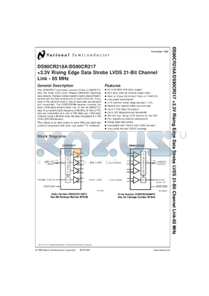 DS90CR218AMTDX datasheet - +3.3V Rising Edge Data Strobe LVDS 21-Bit Channel and Link - 85 MHz