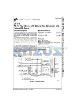 LM4546VHX datasheet - AC 97 Rev 2 Codec with Sample Rate Conversion and National 3D Sound