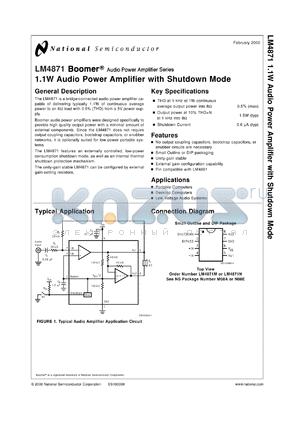 LM4871N datasheet - 1.1W Audio Power Amplifier with Shutdown Mode