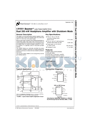 LM4881MDC datasheet - LM4881 Boomer Dual 200 mW Headphone Amplifier with Shutdown Mode