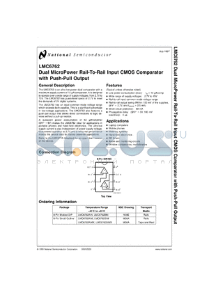 LMC6762MWC datasheet - Dual Micro-Power Rail-to-Rail Input CMOS Comparator with Push-Pull Output