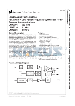 LMX2316MWC datasheet - 1.2 GHz PLLatinum Low Power Frequency Synthesizer for RF Personal Communications