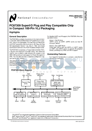 PC87309-IBW/VLJ datasheet - SuperI/O Plug and Play Compatible Chip in Compact 100-Pin VLJ Packaging