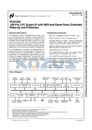 PC87363-ICK/VLA datasheet - 128-Pin LPC SuperI/O with MIDI and Game Ports, Extended Wake-up and Protection [Preliminary]