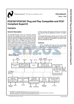 PC97307-IBW/EB datasheet - Plug and Play Compatible and PC97 Compliant SuperI/O