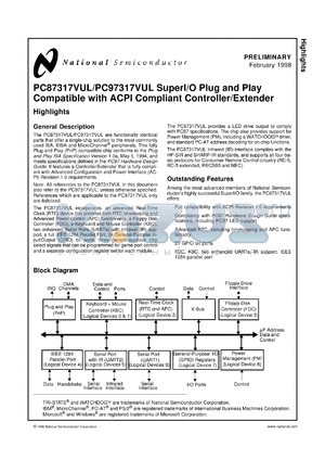 PC97317-ICK/VUL datasheet - SuperI/O Plug and Play Compatible Chip with ACPI-Compliant Controller/Extender