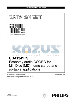 UDA1341TS/N1 datasheet - Economy audio CODEC for MiniDisc (MD) home stereo and portable applications