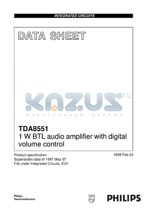 TDA8551T/N1 datasheet - 1 W BTL audio amplifier with digital volume control