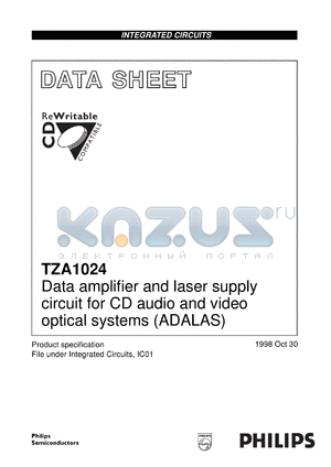 TZA1024T/N1 datasheet - Data amplifier and laser supply circuit for CD audio and video optical systems (ADALAS)