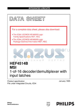 HEF4514BU datasheet - 1-of-16 decoder/demultiplexer with input latches