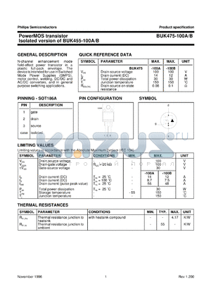 BUK475-100A datasheet - PowerMOS transistor Isolated version of BUK455-100A/B