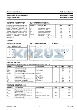 BUK9540-100A datasheet - TrenchMOS(TM) transistor Logic level FET