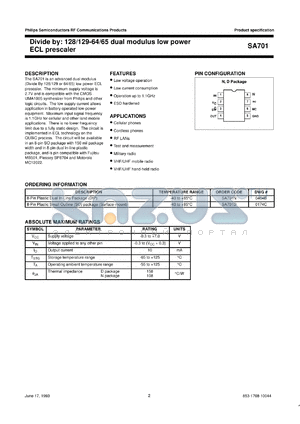 SA7015DK datasheet - Divide by: 128/129-64/65 dual modulus low power ECL prescaler