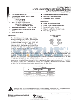 TLV5623CDGKR datasheet - 8-BIT, 3 US DAC, SERIAL OUT, PGRMABLE SETTLING TIME/ POWER CONSUMPTION, ULTRA LOW POWER