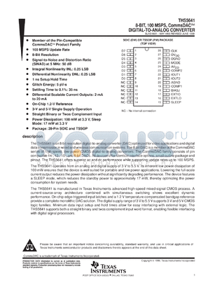 THS5641IDWR datasheet - 8-BIT, 100MSPS, COMMSDAC, DIFF. SCALABLE CURRENT OUTPUTS BETWEEN 2MA TO 20MA, 3V & 5V DIGITAL I/F