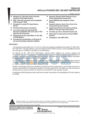 TSB12LV22PZ datasheet - PCI-TO-1394 HOST CONTROLLER (OHCI-LYNX)