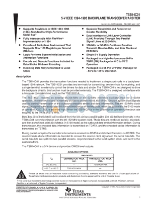 TSB14C01MHV datasheet - SINGLE-PORT BACKPLANE PHYSICAL LAYER TRANSCEIVER