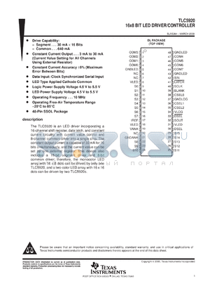 TLC5920DLR datasheet - LED DRIVER W/SHIFT REGISTER, DATA LATCH, CONSTANT CURRENT CIRCUITRY & COMMON DRIVER