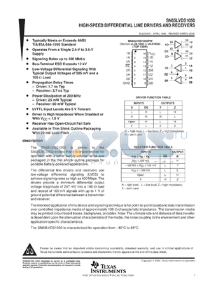 SN65LVDS1050PWR datasheet - HIGH-SPEED DIFFERENTIAL LINE DRIVERS AND RECEIVERS
