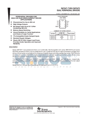 SN75471DR datasheet - DUAL HIGH-VOLTAGE, HIGH-CURRENT PERIPHERAL DRIVERS