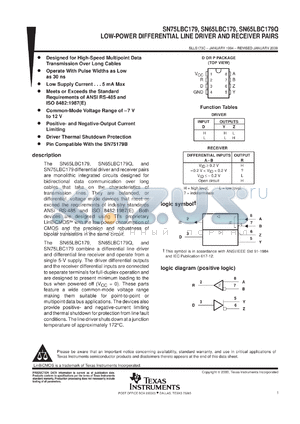 SN75LBC179DR datasheet - LOW-POWER DIFFERENTIAL LINE DRIVER AND RECEIVER PAIR